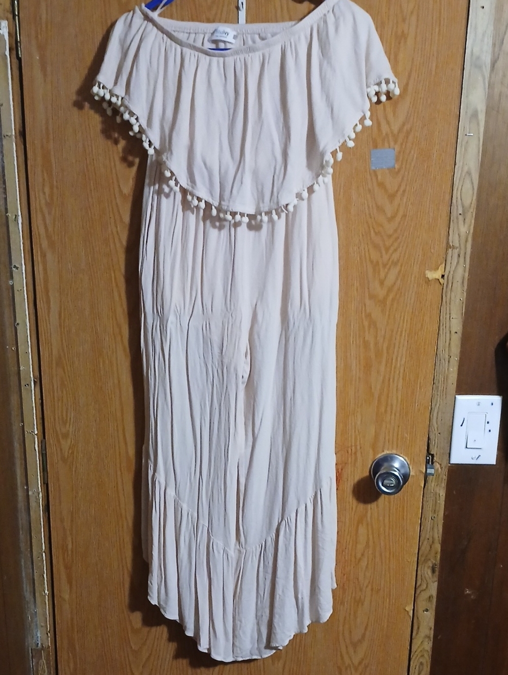 Bluivy Off-Shoulder Maxi Dress with Pom-Pom Trim in Light Cream